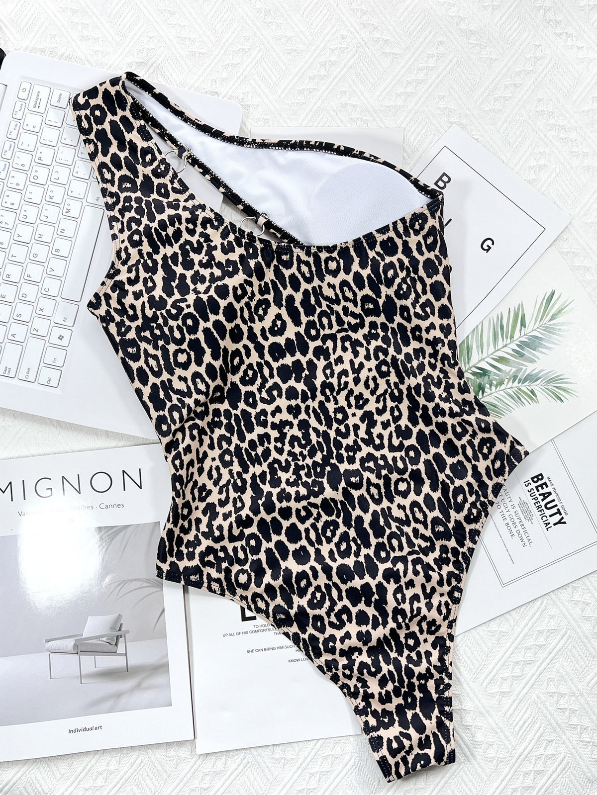 New Bikini Leopard Print Cutout Strap One-Piece Swimsuit