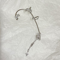 Minimally designed micro inlaid star moon ear hook with super sparkling chain and ear hole free ear clip