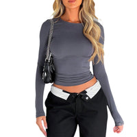 Spring/Summer Round Neck Solid Color Slim Fit Long sleeved Top