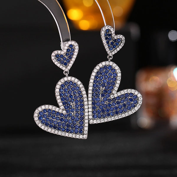 Exaggerated, atmospheric, light luxury, high-end earrings full zircon heart print layered heart-shaped earrings
