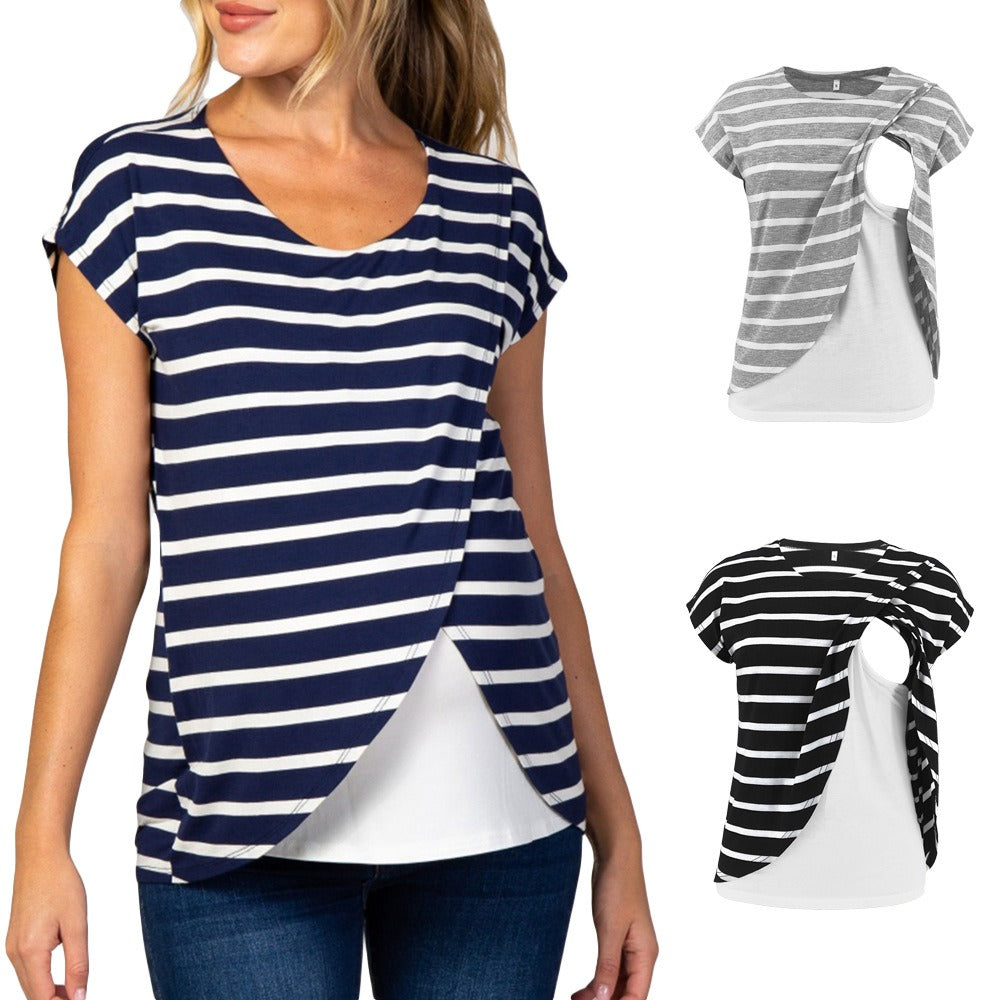 Pre - and post pregnancy maternity striped patchwork multi-layer wrap breastfeeding top