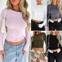 Spring/Summer Round Neck Solid Color Slim Fit Long sleeved Top