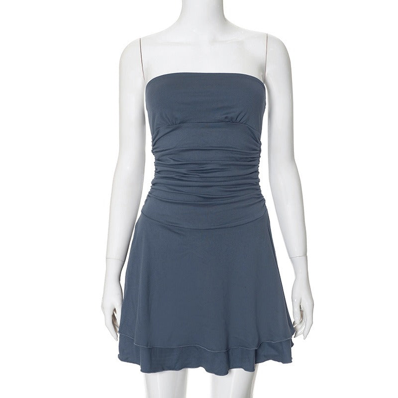 New Fashion Slim Fit High Waist Pleated Skirt Solid Color Bra Dress