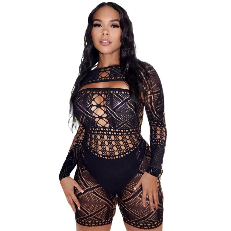 Sexy hollow lace perspective high waisted tight knit jumpsuit shorts for women