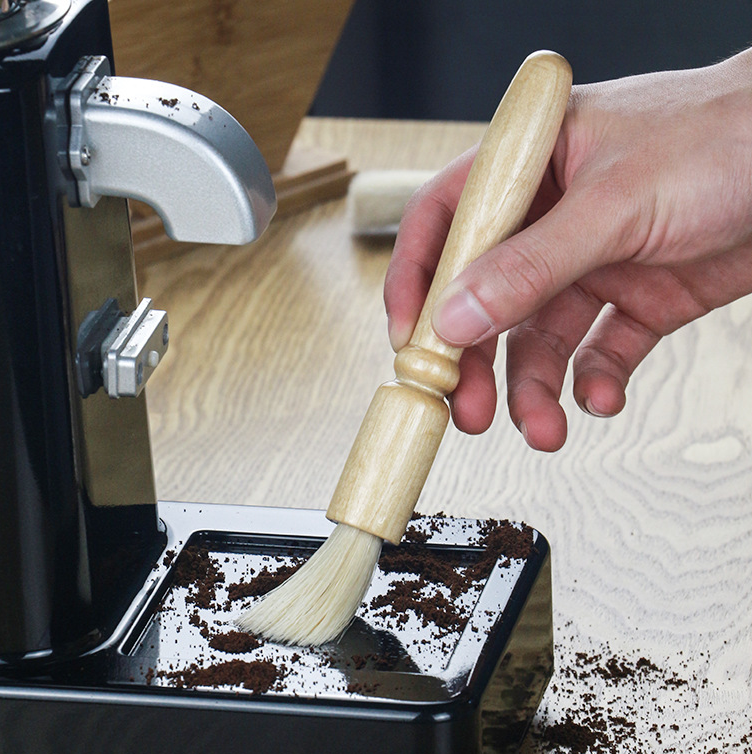 Coffee powder cleaning brush pig hair solid wood residue round head brush coffee machine bean grinder cleaning brush