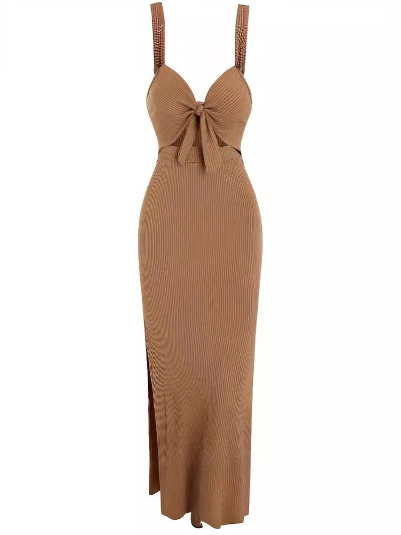 Long skirt V-neck strap with hollowed out suspender slit slim fit backless dress