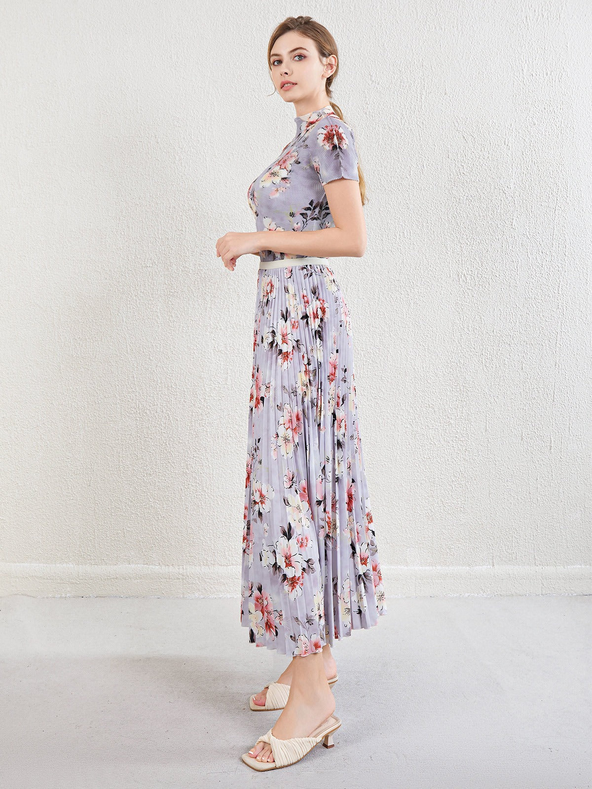 Printed pleated top age reducing skirt high waisted large hem skirt women's suit