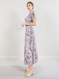 Printed pleated top age reducing skirt high waisted large hem skirt women's suit