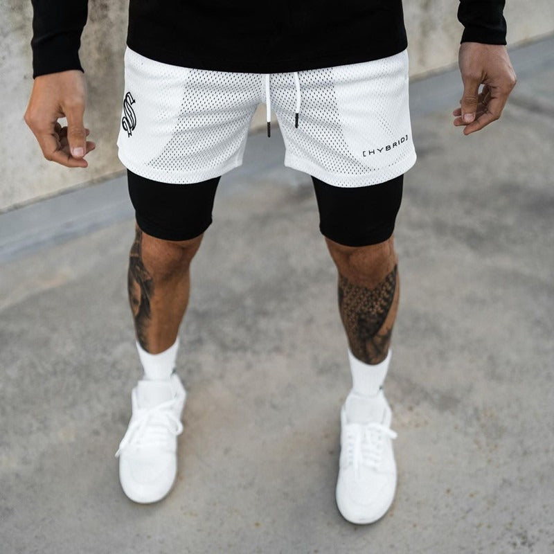 European and American Trendy Sports Double Layer Shorts For Mens Training Fake Two Piece Basketball Running Fitness Capris