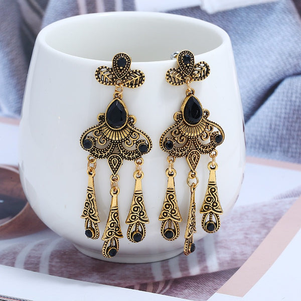 European and American jewelry retro ethnic style hollow leaf gemstone water droplet tassel earrings