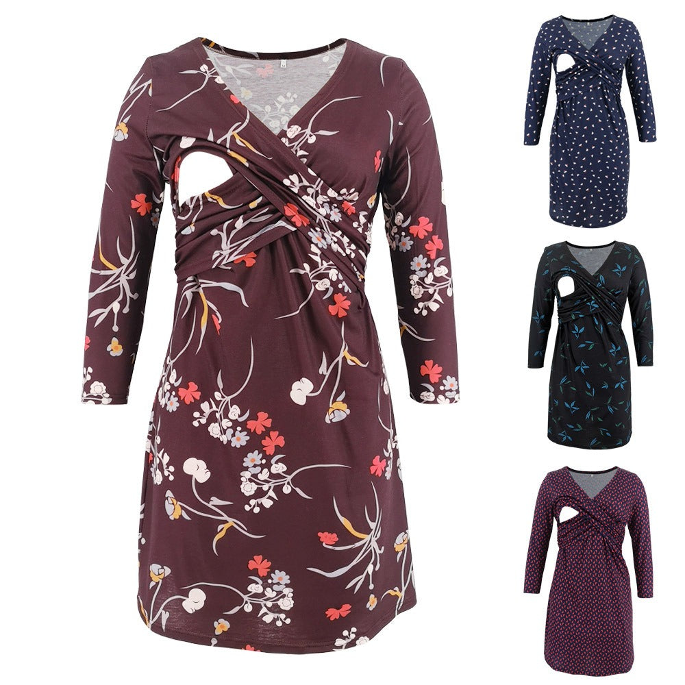 ملابس النساء الحوامل الأكثر مبيعًا في أوروبا وأمريكا، رقبة عميقة على شكل حرف V مطبوعة متعددة الألوان، أكمام 3/4 متقاطعة للرضاعة الطبيعية