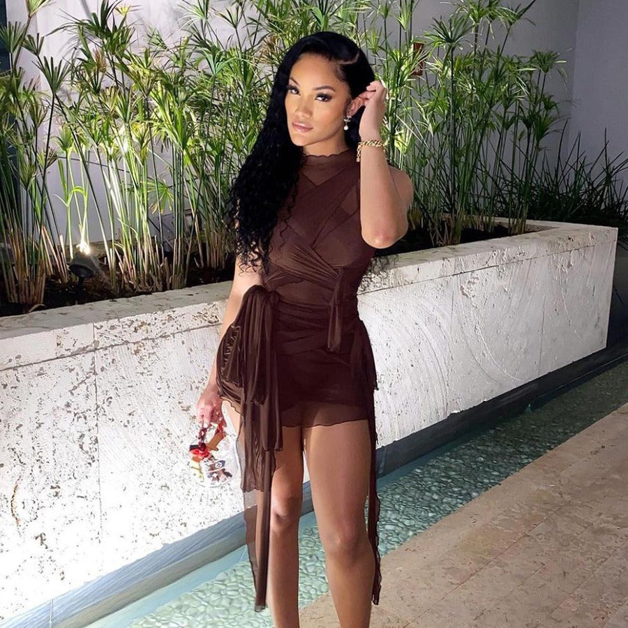 Sexy slim fit mesh dress dopamine summer outfit with a youthful and sweet spicy style