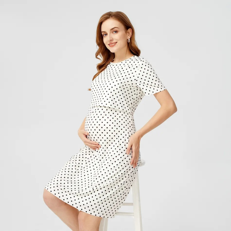 Pregnant women's polka dot round neck short sleeved nursing dress