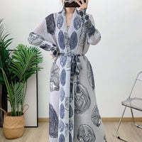 Long trench coat women's pleated loose print Middle Eastern cardigan long robe trend