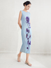 Elegant and elegant print, loose and slimming round neck, sleeveless summer new pleated skirt