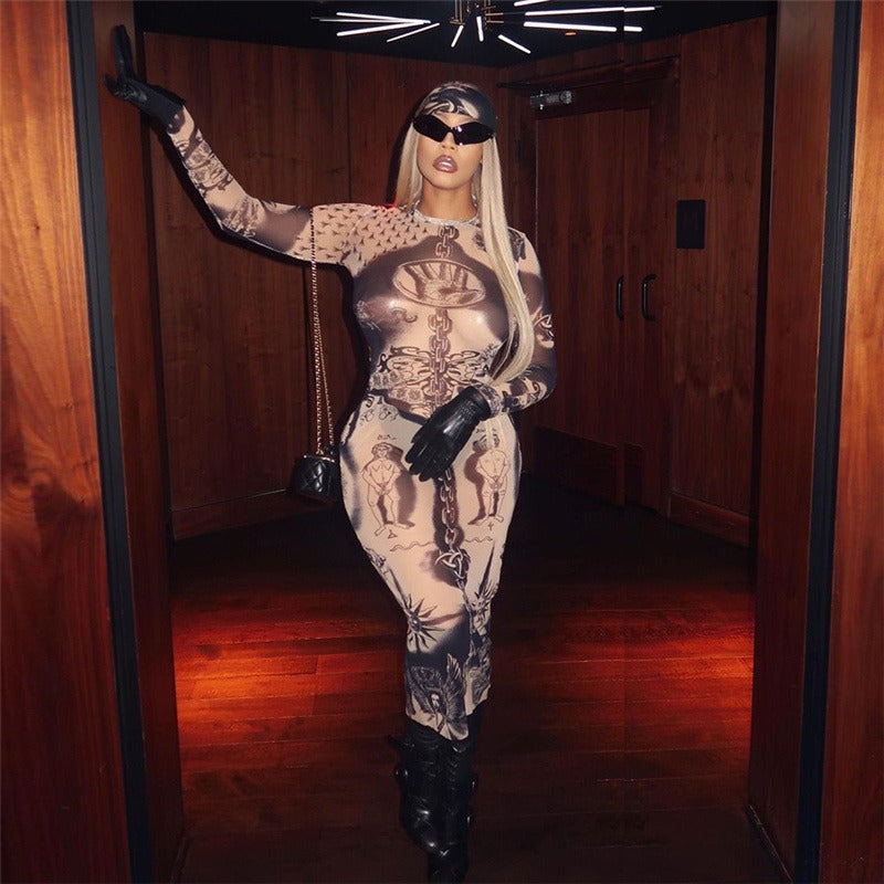 Trendy and Personalized Street Digital Print High Waist Perspective Dress for Women