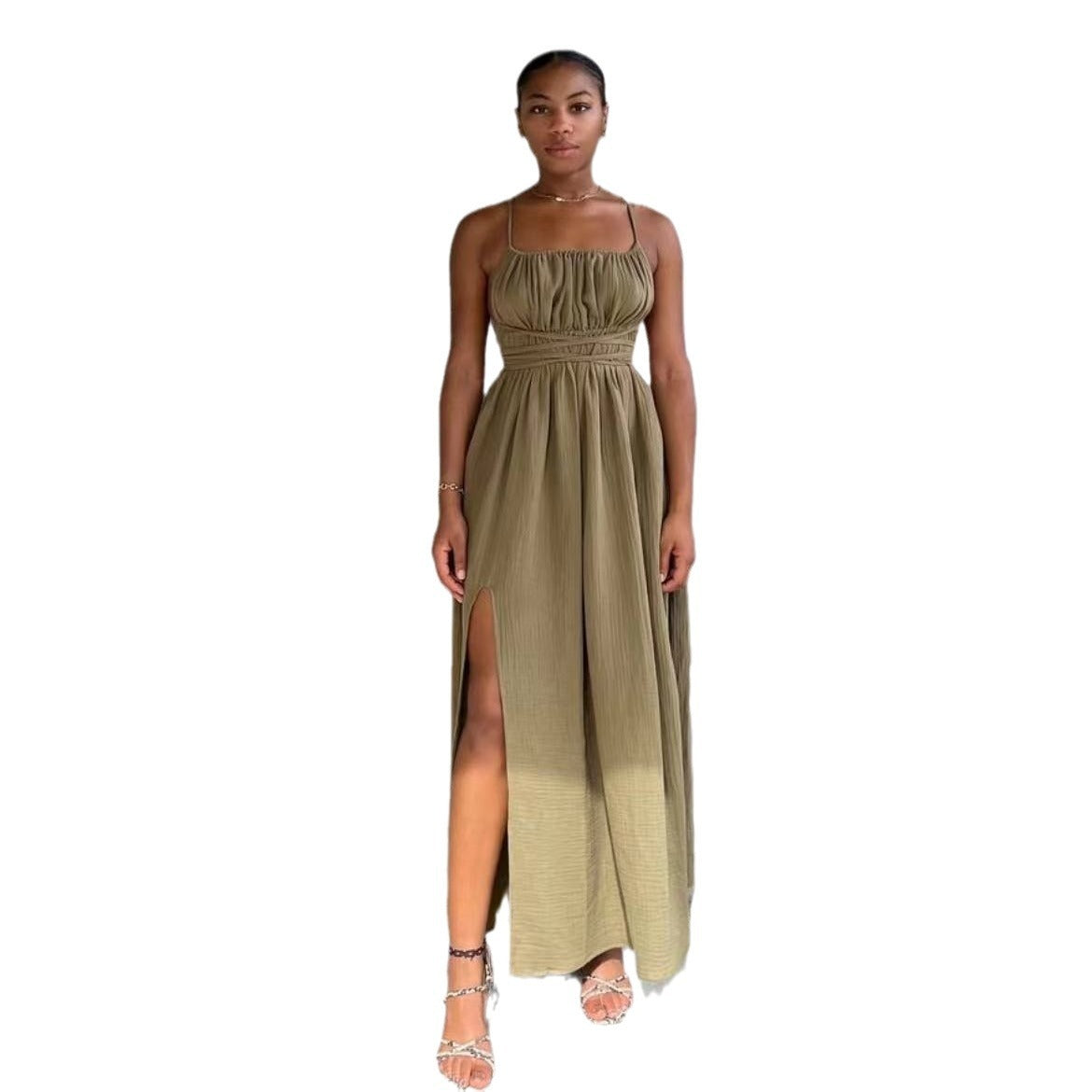 Bra tied rope backless suspender dress with slit for slimming holiday long dress