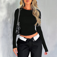 Spring/Summer Round Neck Solid Color Slim Fit Long sleeved Top
