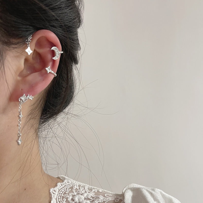 Minimally designed micro inlaid star moon ear hook with super sparkling chain and ear hole free ear clip