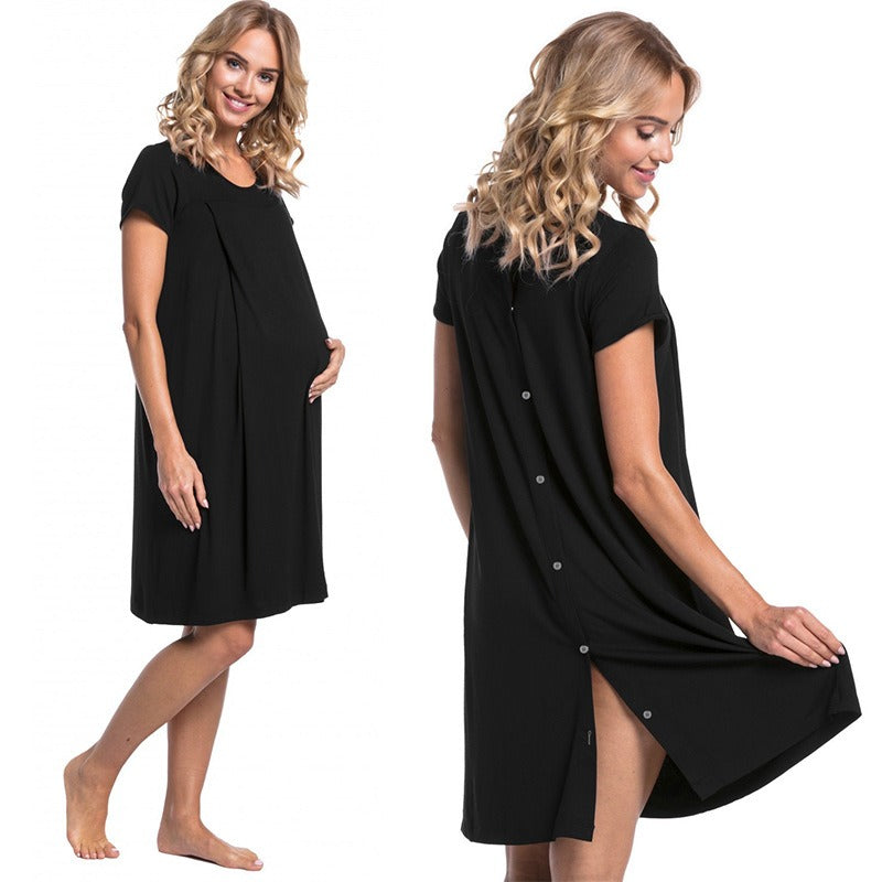 Pregnant women's delivery hospital gown with short sleeves and hidden openings on both sides for nursing care