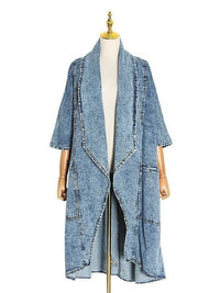 Cardigan denim trench coat for women's fashion lapel bat sleeve loose jacket for women's fashion