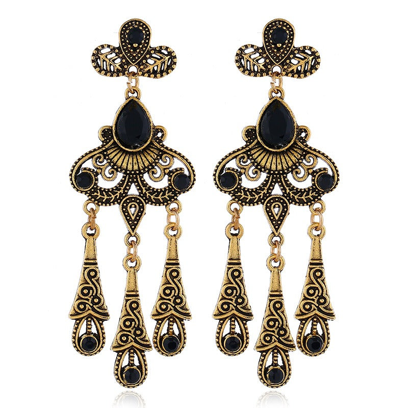 European and American jewelry retro ethnic style hollow leaf gemstone water droplet tassel earrings