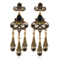 European and American jewelry retro ethnic style hollow leaf gemstone water droplet tassel earrings