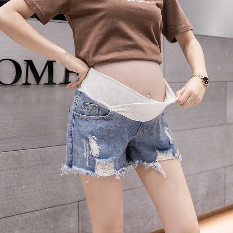 Pregnant women's denim shorts with torn holes on the outside in summer, casual and thin summer pants with wide legs and belly support for early pregnancy