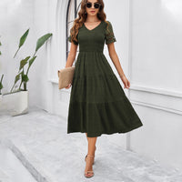 European and American women's spring and summer temperament solid color short sleeved V-neck dress