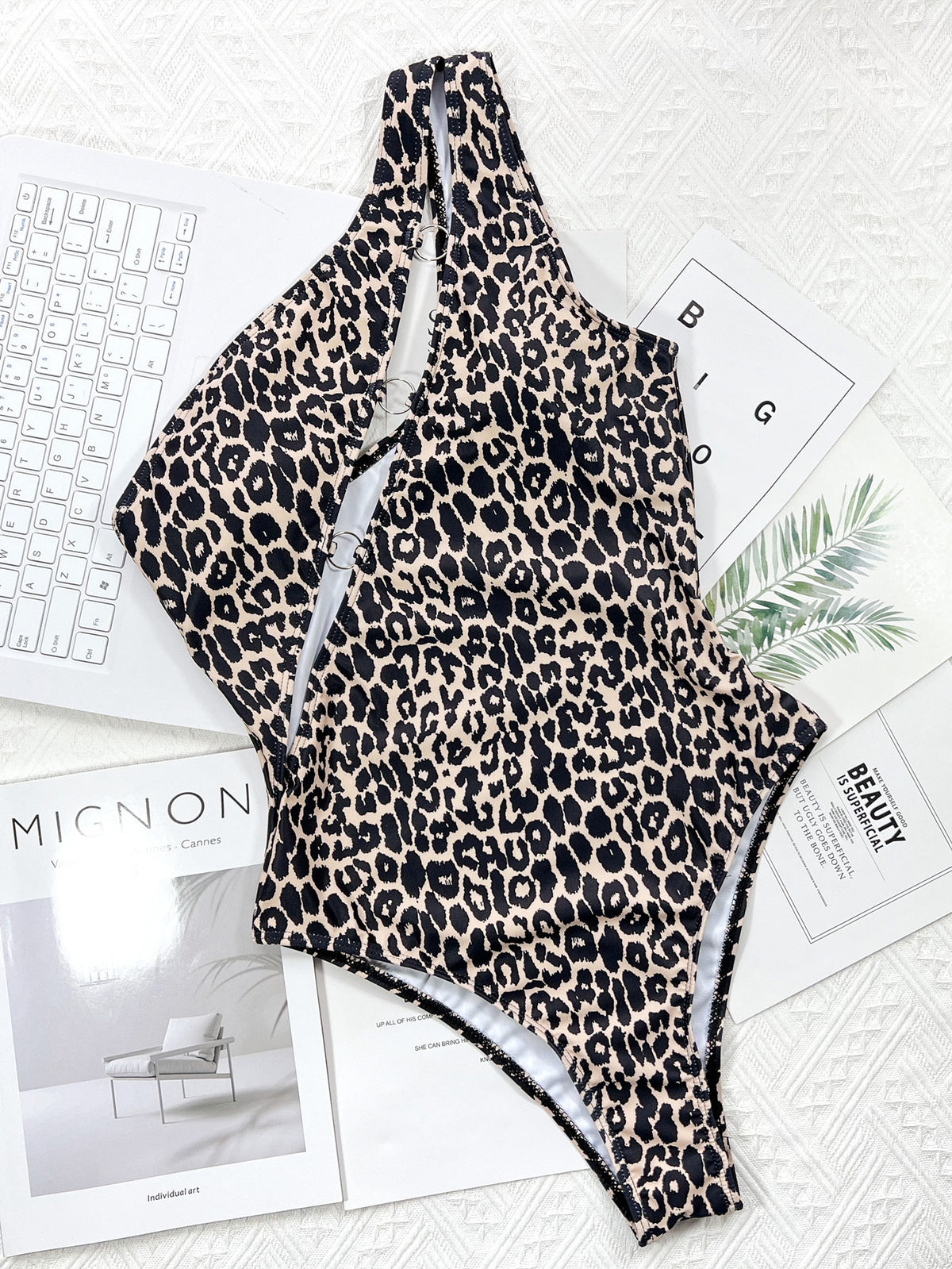 New Bikini Leopard Print Cutout Strap One-Piece Swimsuit