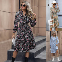 Spring and Autumn Popular Multi Color European and American Women's Long Sleeve Floral Dress
