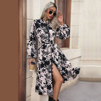 Spring and autumn fashion European and American temperament women's printed standing collar long sleeved dress