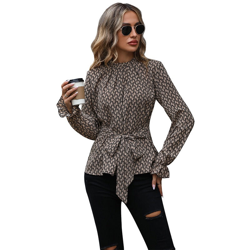 Spring and Autumn European and American women's lace up printed long sleeved slim leopard print shirt for women