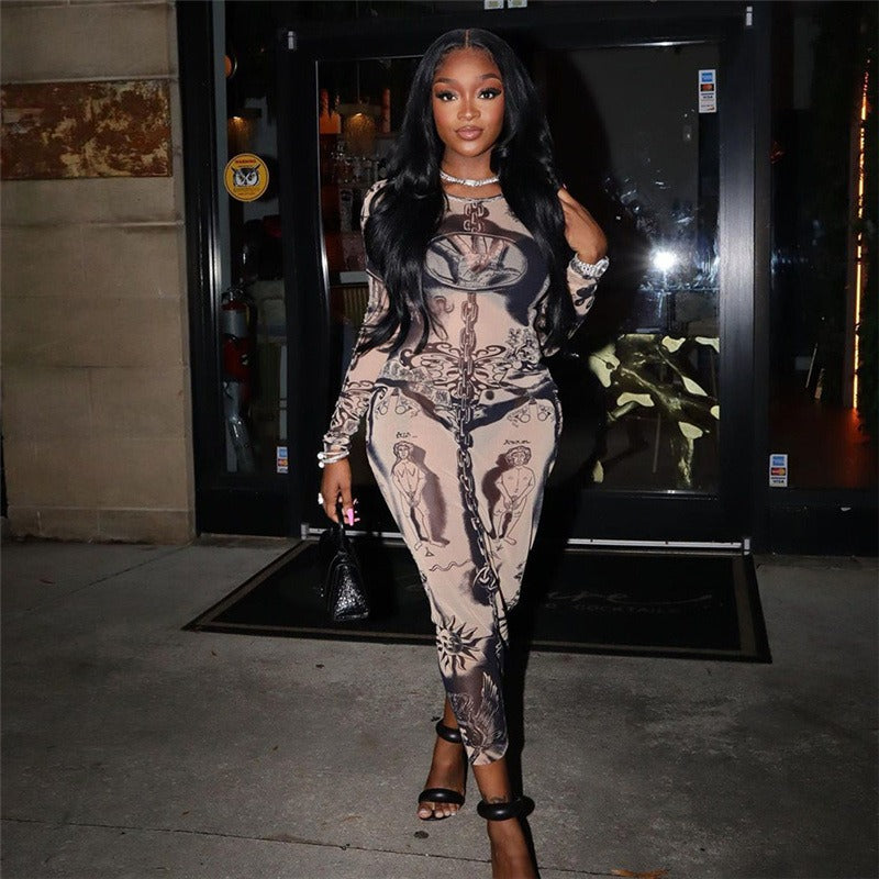 Trendy and Personalized Street Digital Print High Waist Perspective Dress for Women