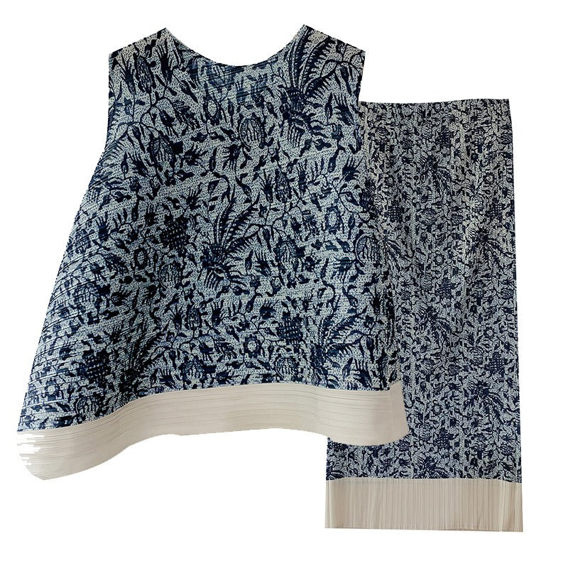 Blue printed pleated irregular vest+straight half skirt two-piece summer new fashion set for women