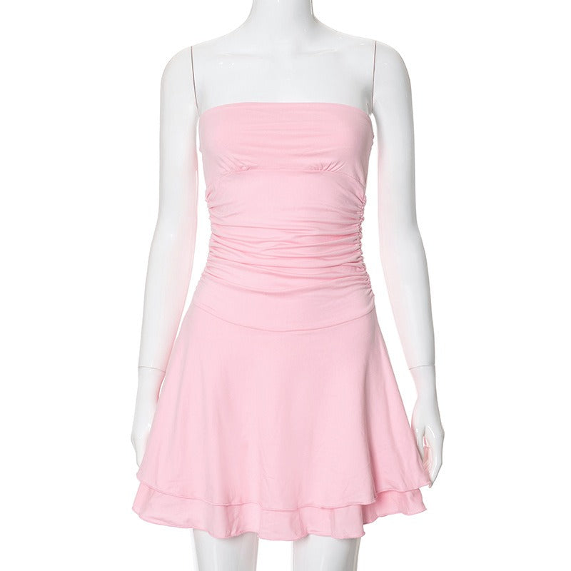 New Fashion Slim Fit High Waist Pleated Skirt Solid Color Bra Dress