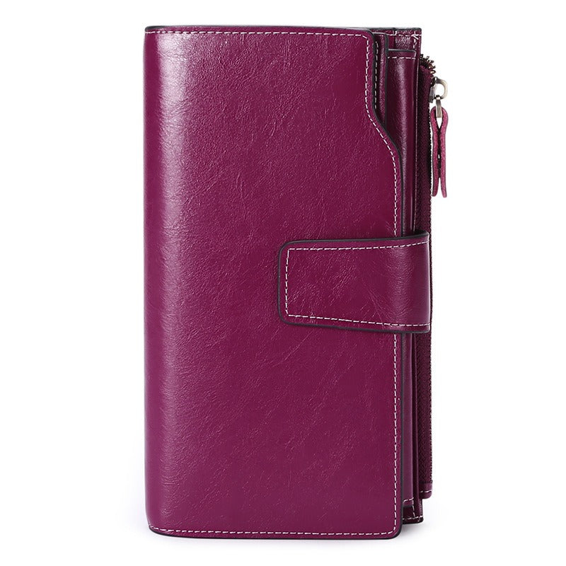 Genuine leather women's wallet long oil wax cowhide women's multi card wallet