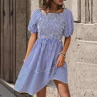 New European and American Summer Women's Navy Style Striped Small Square Neck Dress