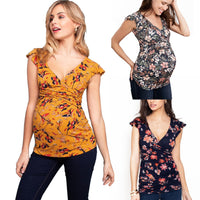 Pregnant women's fashionable printed deep V-neck cross breastfeeding T-shirt