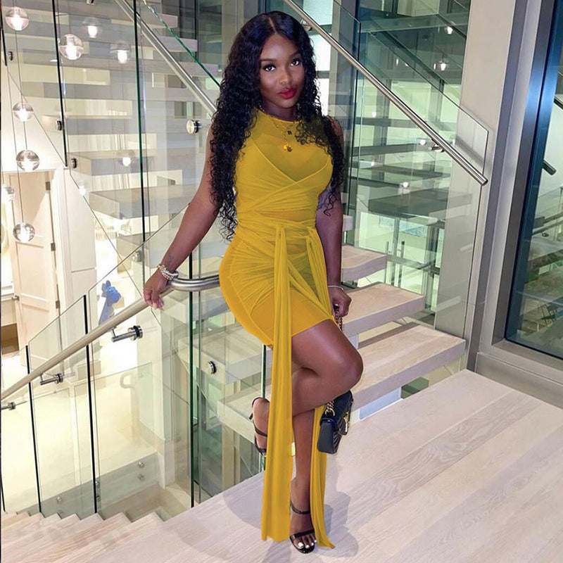 Sexy slim fit mesh dress dopamine summer outfit with a youthful and sweet spicy style