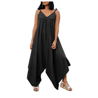 Fashionable solid color suspender backless V-neck sleeveless loose wide leg pants multi-color jumpsuit