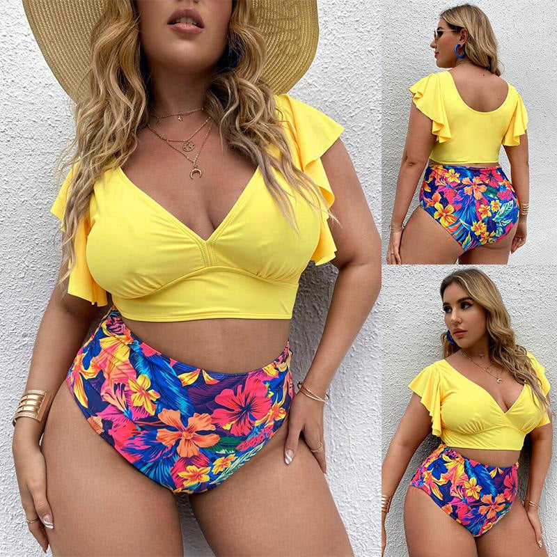 New Large Size Ruffle Print High Waist Split Bikini Swimsuit Fat Woman Version