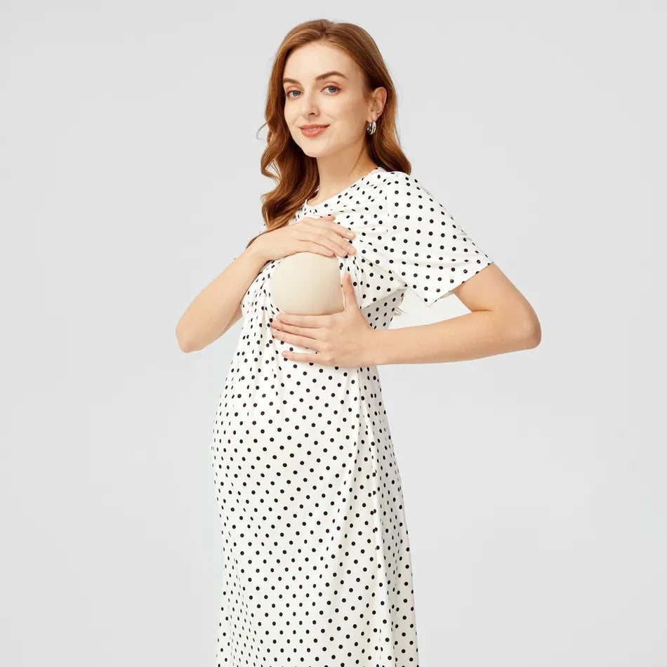 Pregnant women's polka dot round neck short sleeved nursing dress