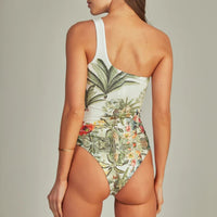 Single shoulder hollowed out tropical jungle printed one piece swimsuit for women
