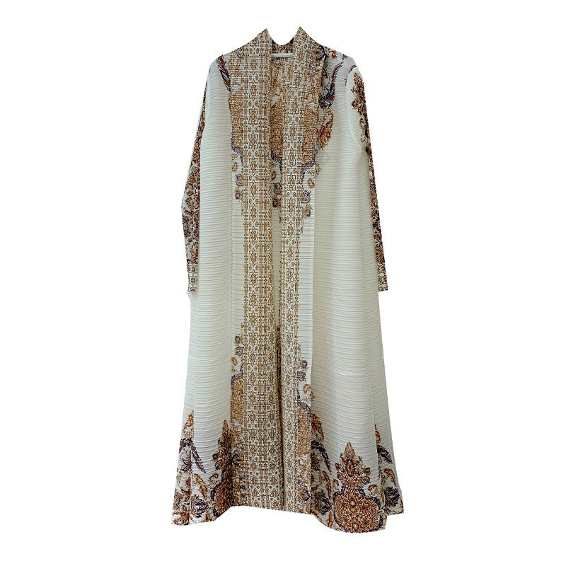 Beige pleated coat cape printed women's Arabic robe