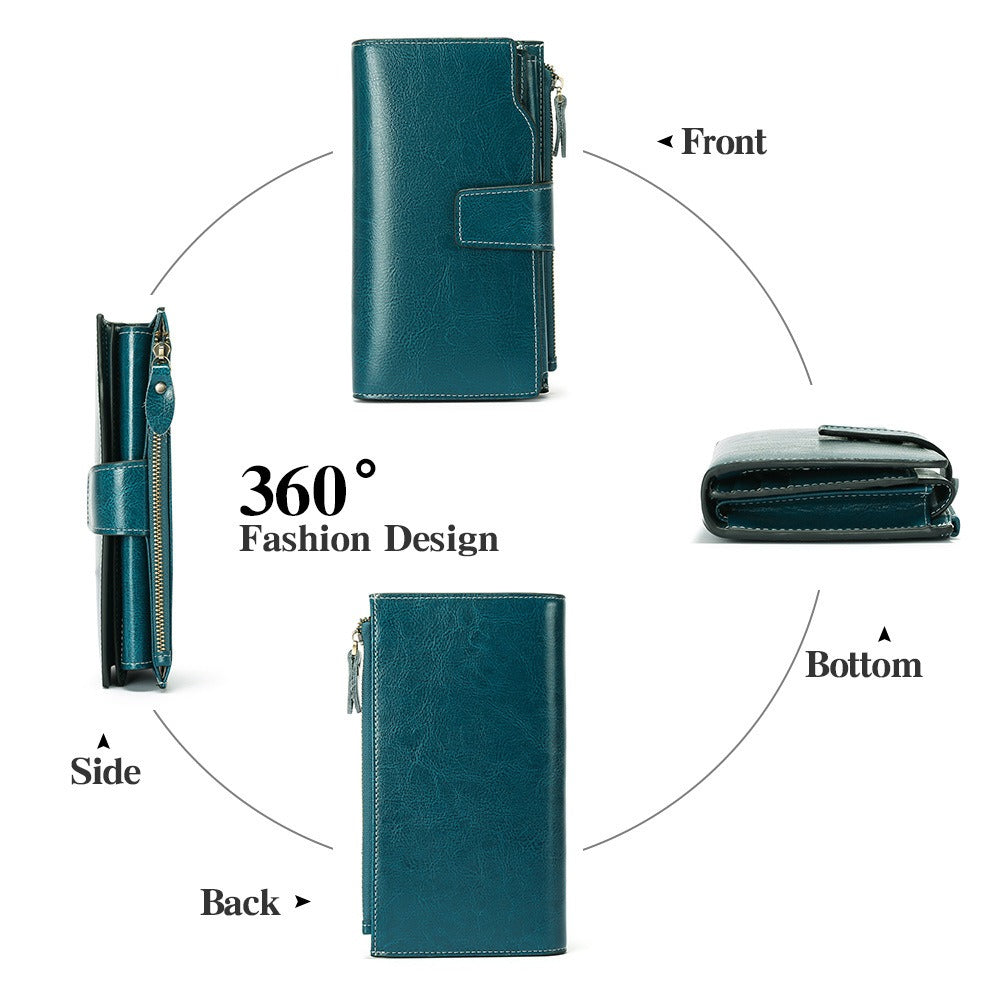 Genuine leather women's wallet long oil wax cowhide women's multi card wallet