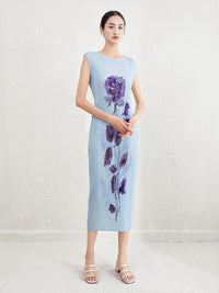 Elegant and elegant print, loose and slimming round neck, sleeveless summer new pleated skirt