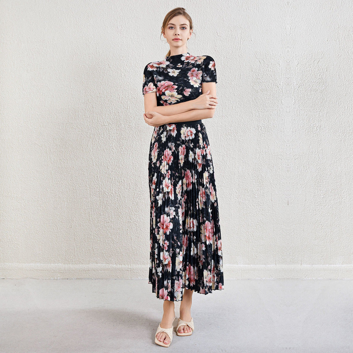 Printed pleated top age reducing skirt high waisted large hem skirt women's suit