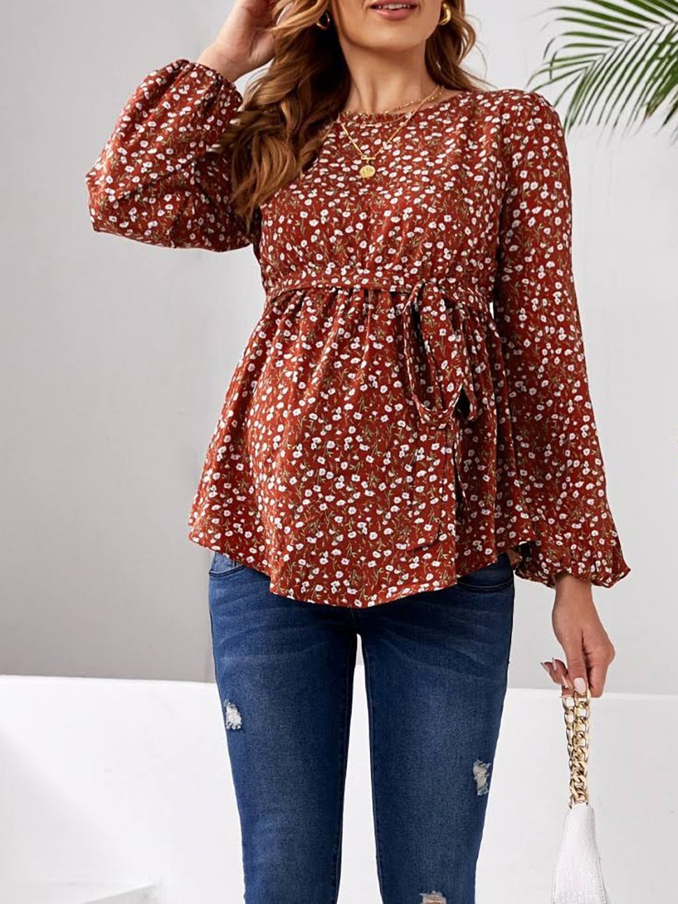 Pregnant women's shirt, floral print, long sleeved round neck button up waist belt, ruffled edge top