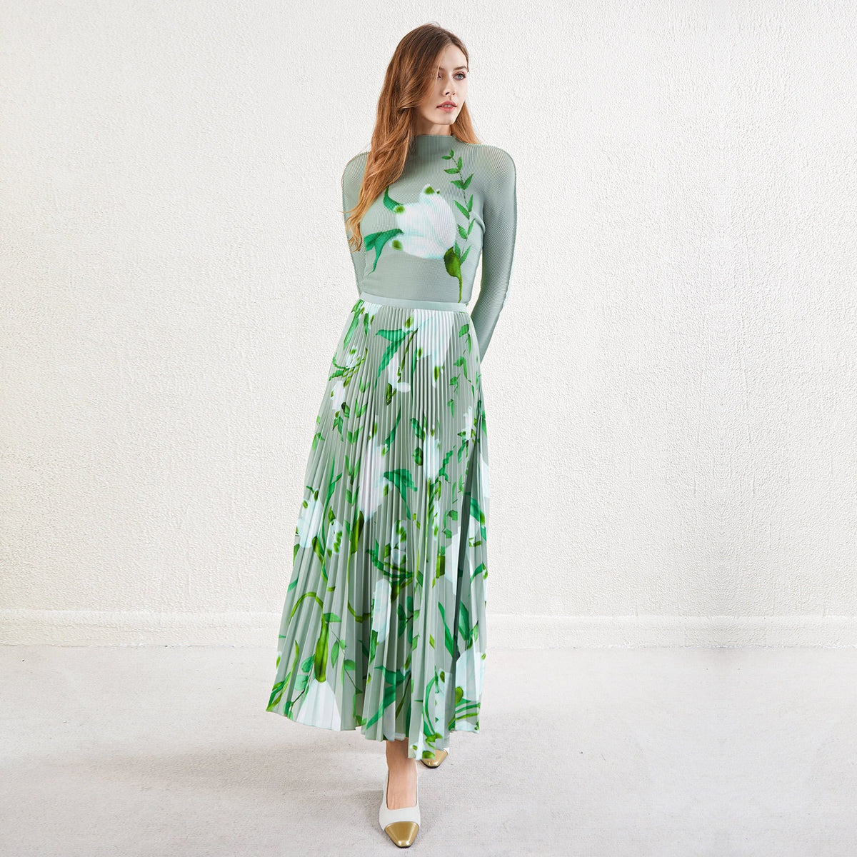 طقم مكون من قطعتين بنصف تنورة، طقم تنورة نسائية مطبوعة بأكمام طويلة